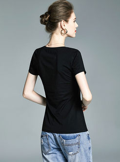Black O-neck Short Sleeve Patch Print T-shirt