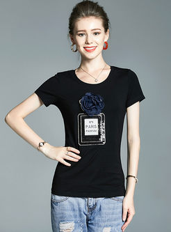Black O-neck Short Sleeve Patch Print T-shirt