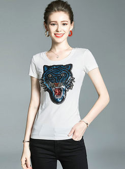 Stylish Tiger Sequined Cotton Slim T-shirt