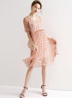 Stylish Lace Splicing Print Silk Skater Dress