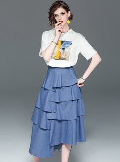 All-matched Print T-shirt & Solid Color Irregular Skirt