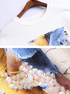 All-matched Print T-shirt & Solid Color Irregular Skirt