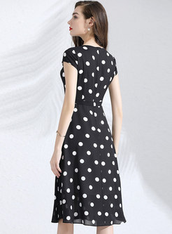 Polka Dot Splicing O-neck Slim Midi Dress