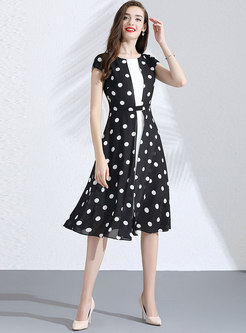 Polka Dot Splicing O-neck Slim Midi Dress