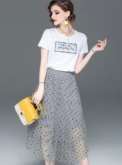 O-neck Letter Print T-shirt & High Waist Polka Dot Skirt
