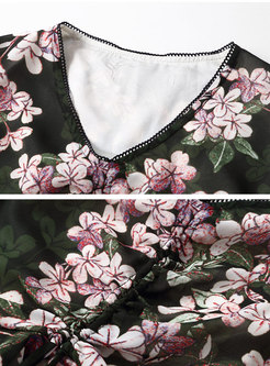 Stylish Floral V-neck Tied A Line Dress