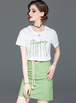 Letter Print Tassel T-shirt & Slim Bodycon Mini Skirt