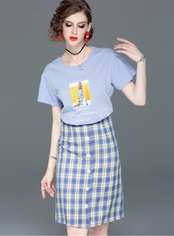 Stylish Print O-neck T-shirt & Plaid Bodycon Skirt