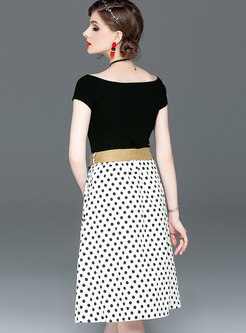 Pure Color Slash Neck T-shirt & Polka Dot Belted Skirt