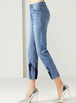 Casual High Waist Embroidered Straight Jeans