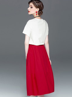 Casual Print O-neck T-shirt & High Waist A Line Skirt