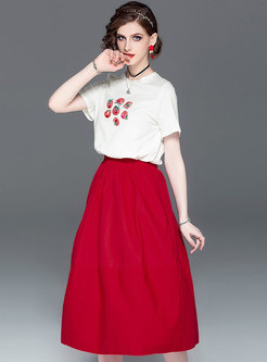 Casual Print O-neck T-shirt & High Waist A Line Skirt