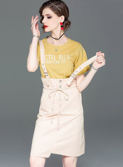 Letter Print O-neck T-shirt & Tie-waist Suspender Skirt
