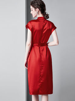 Elegant V-neck Short Sleeve Bowknot Waist Dress