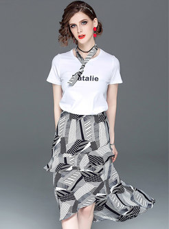 Casual Letter Print Tie T-shirt & Print Asymmetric Skirt