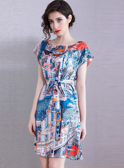 Chic Print O-neck Tie-waist Slim Mini Dress