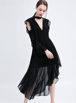 Black Deep V-neck Long Sleeve Asymmetric Dress