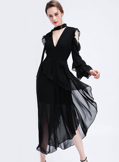 Black Deep V-neck Long Sleeve Asymmetric Dress
