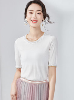 Pure Color O-neck Beaded Knitted Top