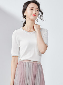 Pure Color O-neck Beaded Knitted Top