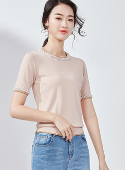 Casual O-neck Beaded Knitted Top