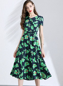 Elegant Print V-neck High Waist Slim Dress