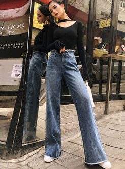 Chic High Waist Rough Selvedge Straight Jeans