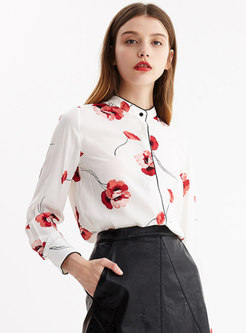 Print Stand Collar Single-breasted Blouse
