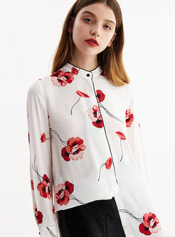 Print Stand Collar Single-breasted Blouse