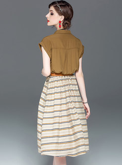 Brief Lapel Pure Color Blouse & Color-blocked Striped Skirt