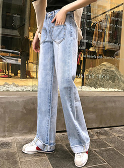 Chic Light Blue Slit Loose Straight Rolled Pants