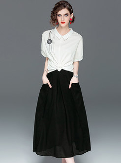 Brief Embroidered Lapel Blouse & Casual Black Slim Skirt
