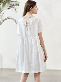 Casual O-neck Linen Backless Tied Shift Dress