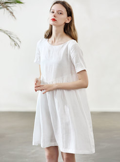 Casual O-neck Linen Backless Tied Shift Dress