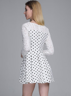 Lace Splicing Polka Dot O-neck Skater Dress