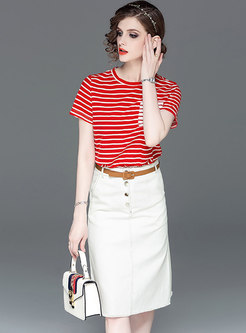 Stylish Striped O-neck T-shirt & Single-breasted Sheath Skirt