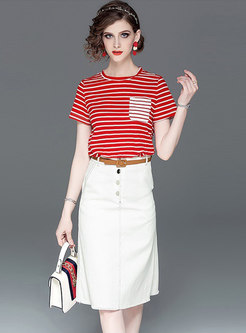 Stylish Striped O-neck T-shirt & Single-breasted Sheath Skirt