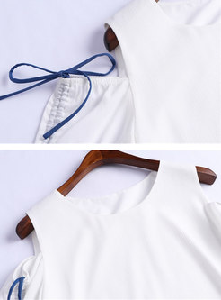 O-neck Off Shoulder T-shirt & Denim Belted Slit Skirt