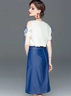 O-neck Off Shoulder T-shirt & Denim Belted Slit Skirt