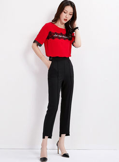 O-neck Letter Embroidered Lace Splicing T-shirt