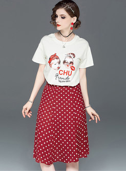 Print O-neck T-shirt & Polka Dot A Line Skirt