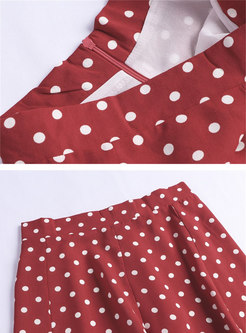 Print O-neck T-shirt & Polka Dot A Line Skirt