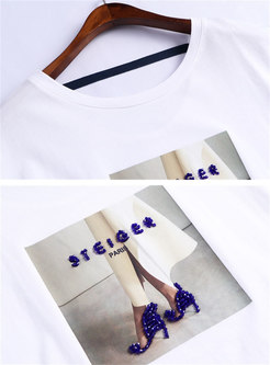 Casual O-neck Print T-shirt & High Waist Belted Skirt