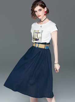 Brief O-neck Print T-shirt & High Waist Belted Skirt