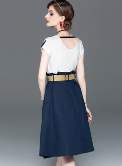 Brief O-neck Print T-shirt & High Waist Belted Skirt