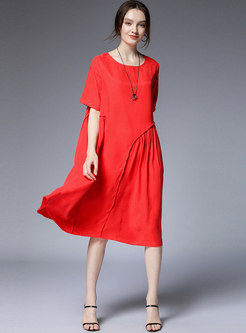 Solid Color O-neck Splicing Loose Dress