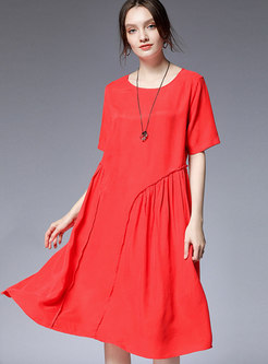 Solid Color O-neck Splicing Loose Dress