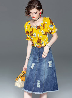 Chic Print Elastic Slash Neck Top & Denim High Waist Skirt