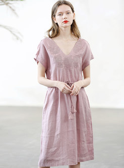 Retro Solid Color Embroidered Tied Linen Skater Dress