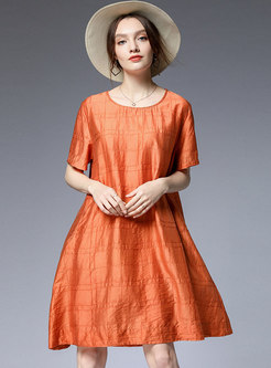 Brief Pure Color O-neck Loose Midi Dress